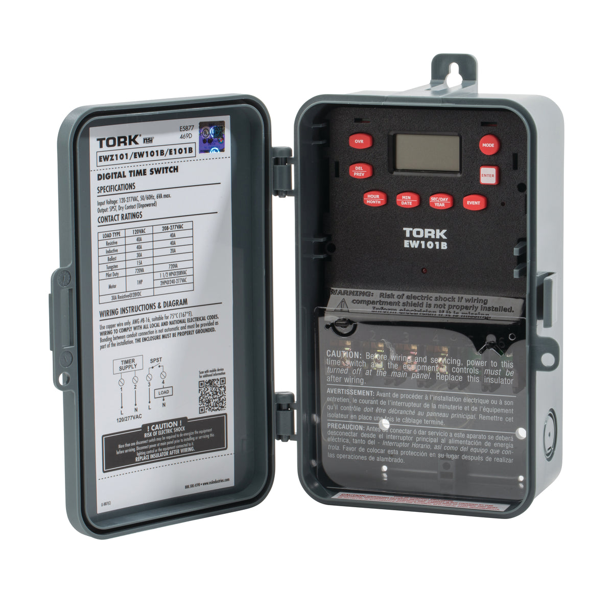 TORK EW101B - 7 Day Digital Timer One Channel - 30A - 120-277V - Spst - Indoor/Outdoor - Plastic Enclosure