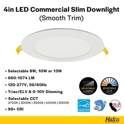 Slim 4" LED Downlight - 600-1075Lm - Smooth Trim - Wattage and CCT Selectable - 120-277v Dimmable