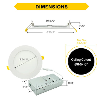 Slim 6" LED Downlight - 820-1230Lm - Smooth Trim - Wattage and CCT Selectable - 120-277v Dimmable
