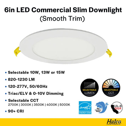 Slim 6" LED Downlight - 820-1230Lm - Smooth Trim - Wattage and CCT Selectable - 120-277v Dimmable