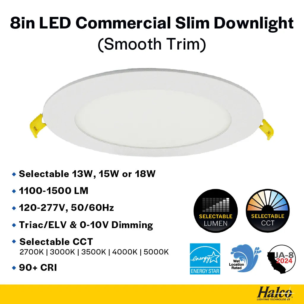 Slim 8" LED Downlight - 820-1230Lm - Smooth Trim - Wattage and CCT Selectable - 120-277v Dimmable