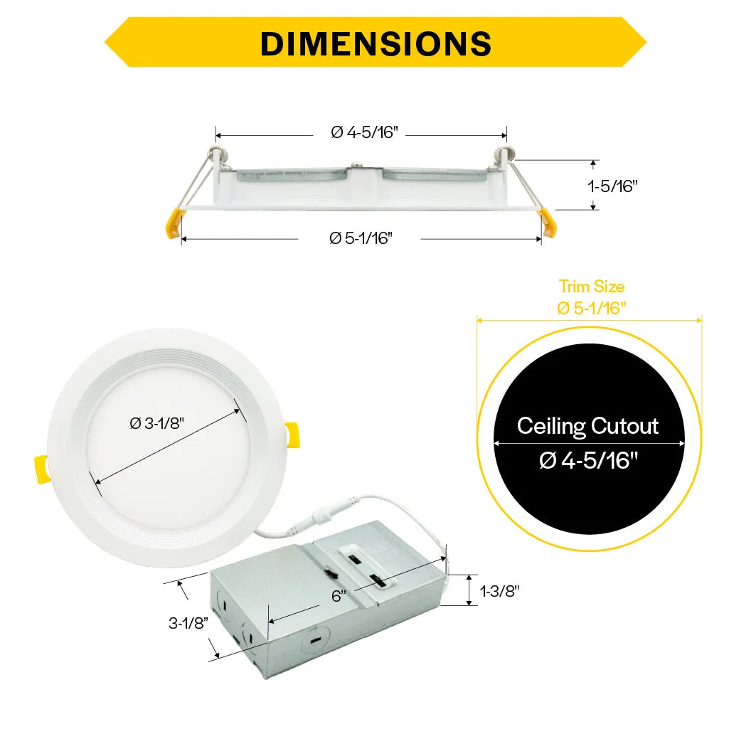 Slim 4" LED Downlight - 600-1075Lm - Baffle Trim - Wattage and CCT Selectable - 120-277v Dimmable