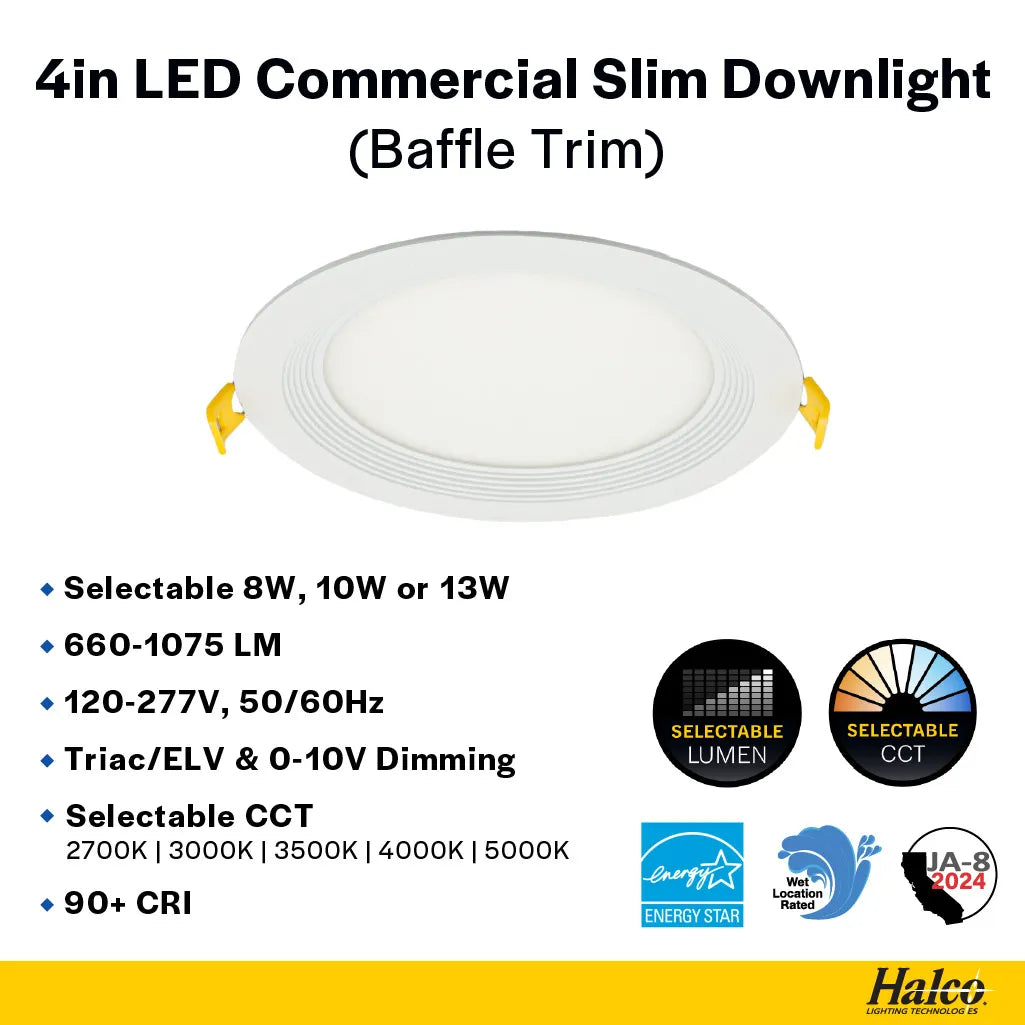 Slim 4" LED Downlight - 600-1075Lm - Baffle Trim - Wattage and CCT Selectable - 120-277v Dimmable