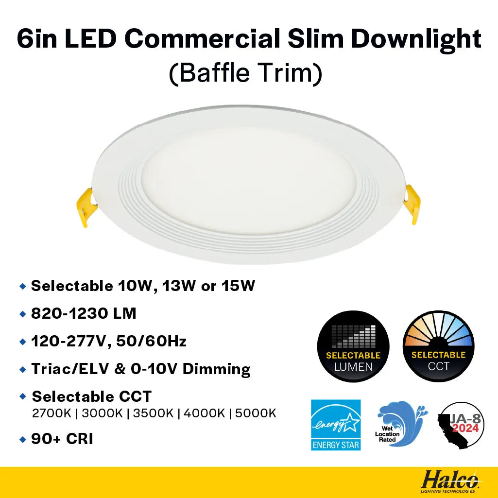 Slim 6" LED Downlight - 820-1230Lm - Baffle Trim - Wattage and CCT Selectable - 120-277v Dimmable