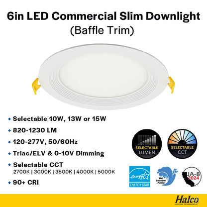 Slim 6" LED Downlight - 820-1230Lm - Baffle Trim - Wattage and CCT Selectable - 120-277v Dimmable