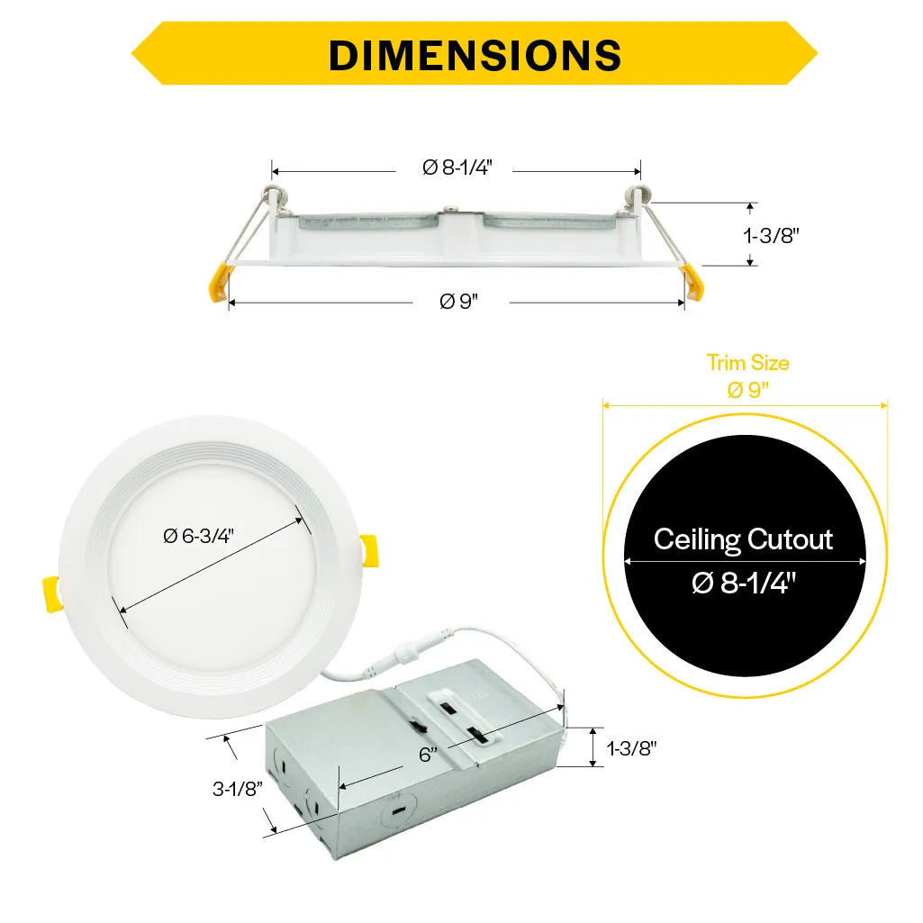 Slim 8" LED Downlight - 820-1230Lm - Baffle Trim - Wattage and CCT Selectable - 120-277v Dimmable
