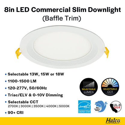 Slim 8" LED Downlight - 820-1230Lm - Baffle Trim - Wattage and CCT Selectable - 120-277v Dimmable