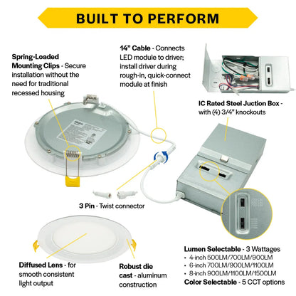 Slim 4" LED Downlight - 600-1075Lm - Baffle Trim - Wattage and CCT Selectable - 120-277v Dimmable