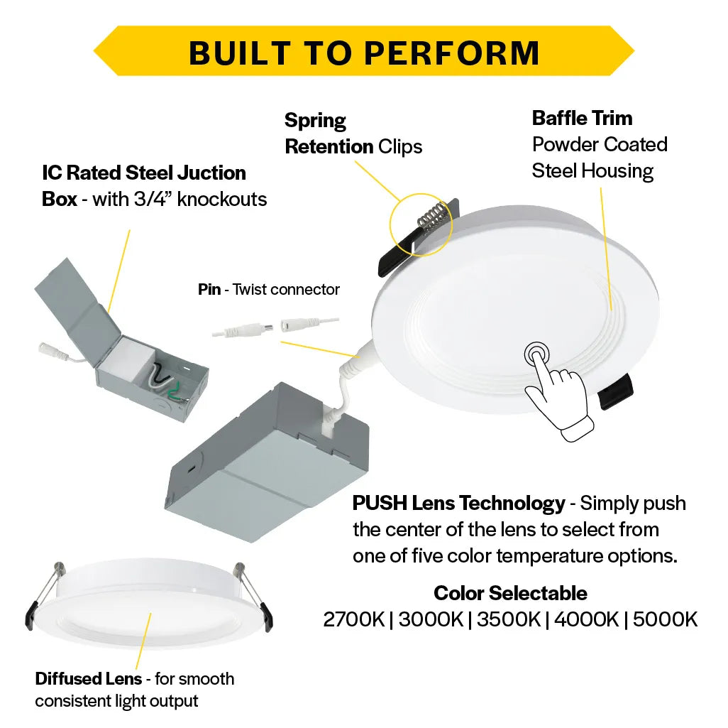 Slim 6" LED Downlight - 1100 Lumens - Push Lens for CCT Selections - 2700k-5000k - 120V TRIAC DIM