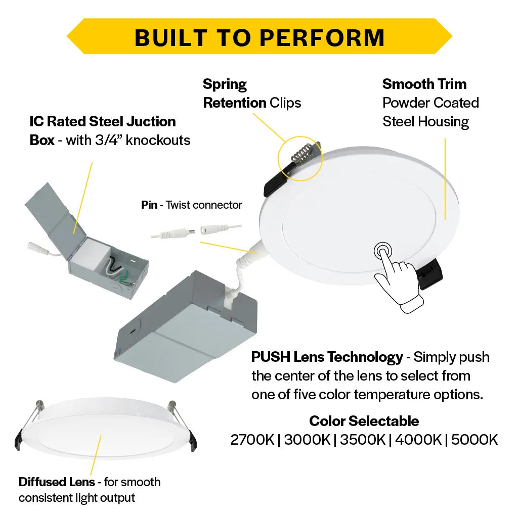 Slim 6" LED Smooth Downlight - 1100 Lumens - Push Lens for CCT Selections - 2700k-5000k - 120V TRIAC DIM