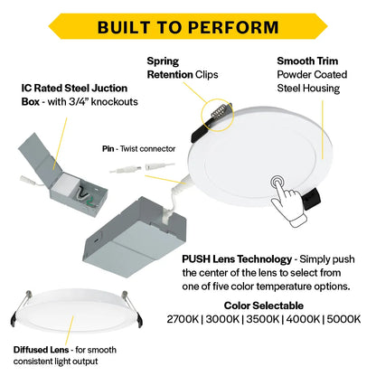 Slim 6" LED Smooth Downlight - 1100 Lumens - Push Lens for CCT Selections - 2700k-5000k - 120V TRIAC DIM