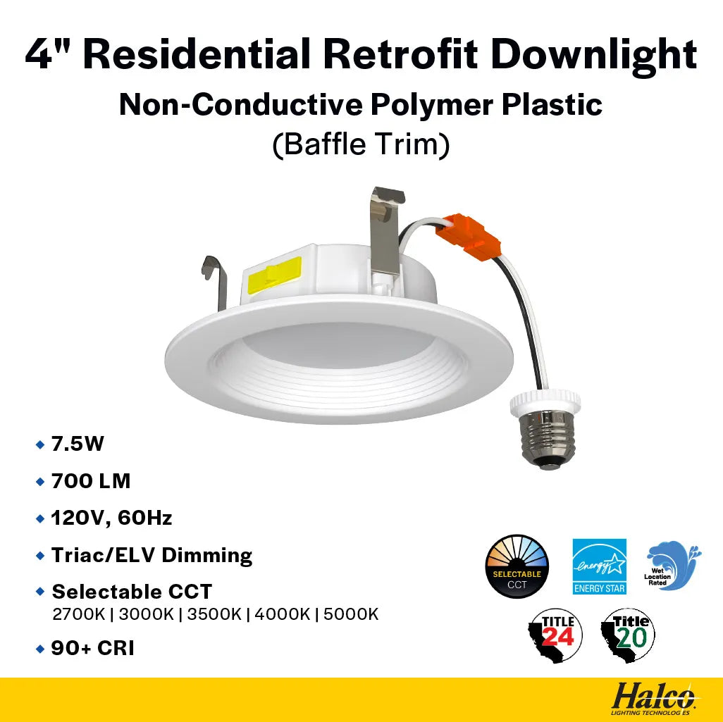 Residential 4" LED Retrofit Downlight - Baffle - 700 Lumens - CCT Selectable - 2700k-5000k - 120V TRIAC DIM