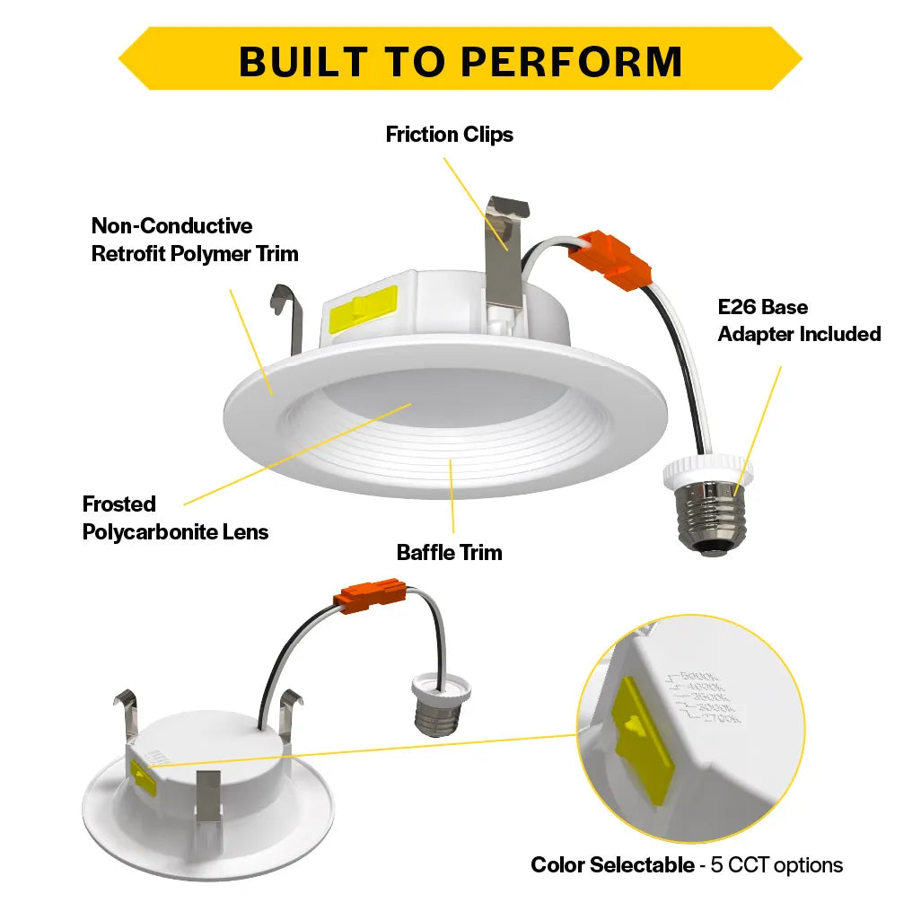 Residential 4" LED Retrofit Downlight - Baffle - 700 Lumens - CCT Selectable - 2700k-5000k - 120V TRIAC DIM