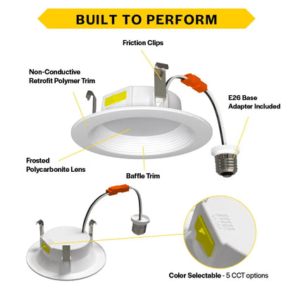 Residential 4" LED Retrofit Downlight - Baffle - 700 Lumens - CCT Selectable - 2700k-5000k - 120V TRIAC DIM