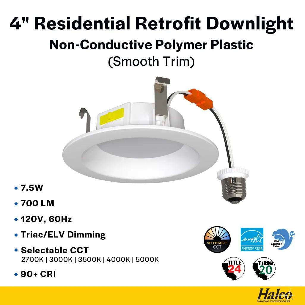 Residential 4" LED Retrofit Downlight - Smooth Trim - 700 Lumens - CCT Selectable - 2700k-5000k - 120V TRIAC DIM