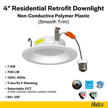 Residential 4" LED Retrofit Downlight - Smooth Trim - 700 Lumens - CCT Selectable - 2700k-5000k - 120V TRIAC DIM