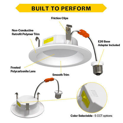Residential 4" LED Retrofit Downlight - Smooth Trim - 700 Lumens - CCT Selectable - 2700k-5000k - 120V TRIAC DIM