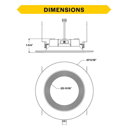 Residential 6" LED Retrofit Downlight - Baffle Trim - 900 Lumens - CCT Selectable - 2700k-5000k - 120V TRIAC DIM
