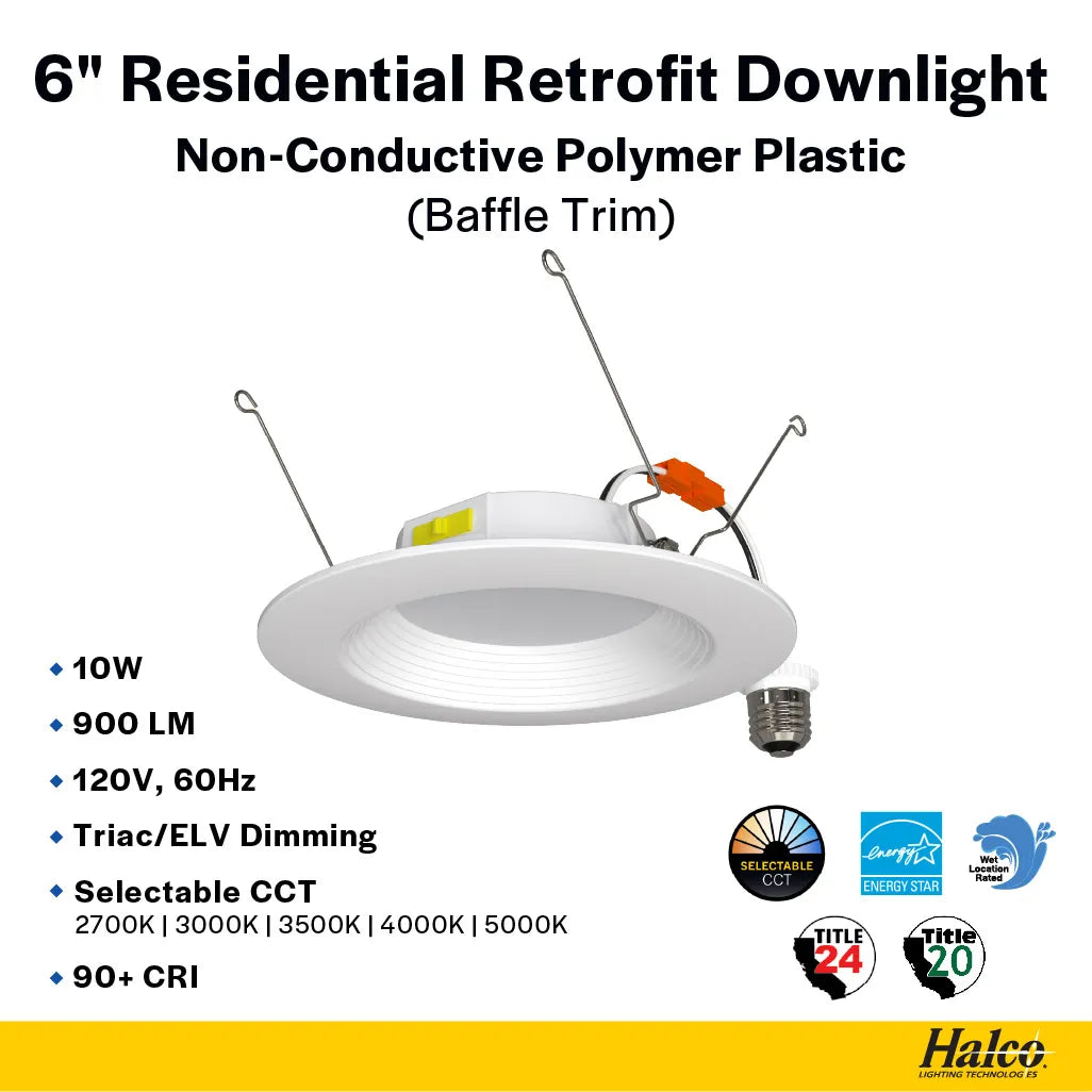 Residential 6" LED Retrofit Downlight - Baffle Trim - 900 Lumens - CCT Selectable - 2700k-5000k - 120V TRIAC DIM