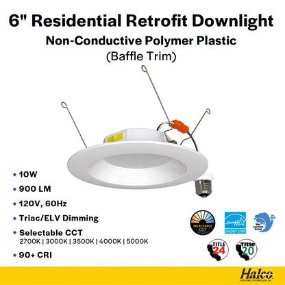 Residential 6" LED Retrofit Downlight - Baffle Trim - 900 Lumens - CCT Selectable - 2700k-5000k - 120V TRIAC DIM
