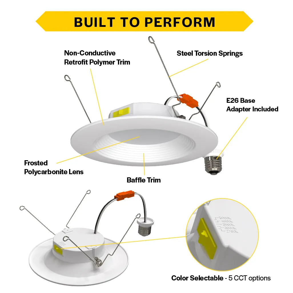 Residential 6" LED Retrofit Downlight - Baffle Trim - 900 Lumens - CCT Selectable - 2700k-5000k - 120V TRIAC DIM