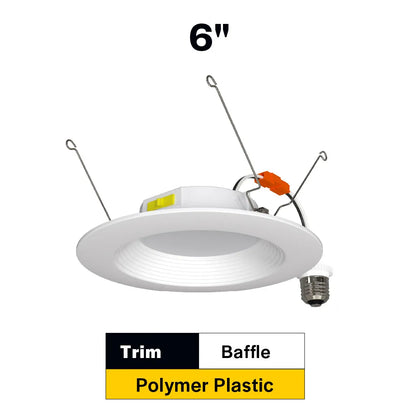 Residential 6" LED Retrofit Downlight - Baffle Trim - 900 Lumens - CCT Selectable - 2700k-5000k - 120V TRIAC DIM