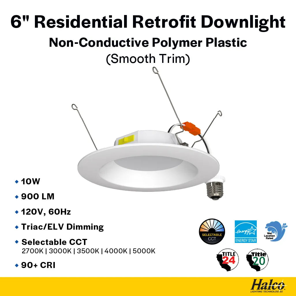 Residential 6" LED Retrofit Downlight - Smooth Trim - 900 Lumens - CCT Selectable - 2700k-5000k - 120V TRIAC DIM