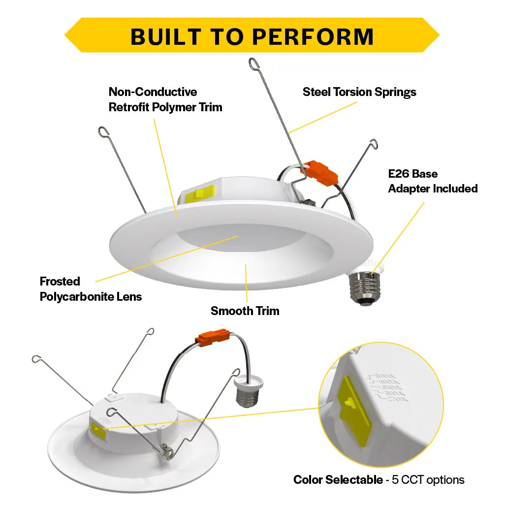 Residential 6" LED Retrofit Downlight - Smooth Trim - 900 Lumens - CCT Selectable - 2700k-5000k - 120V TRIAC DIM