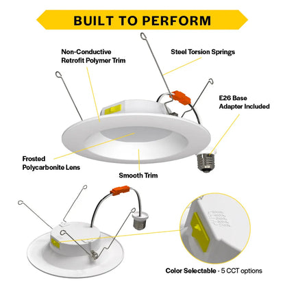 Residential 6" LED Retrofit Downlight - Smooth Trim - 900 Lumens - CCT Selectable - 2700k-5000k - 120V TRIAC DIM